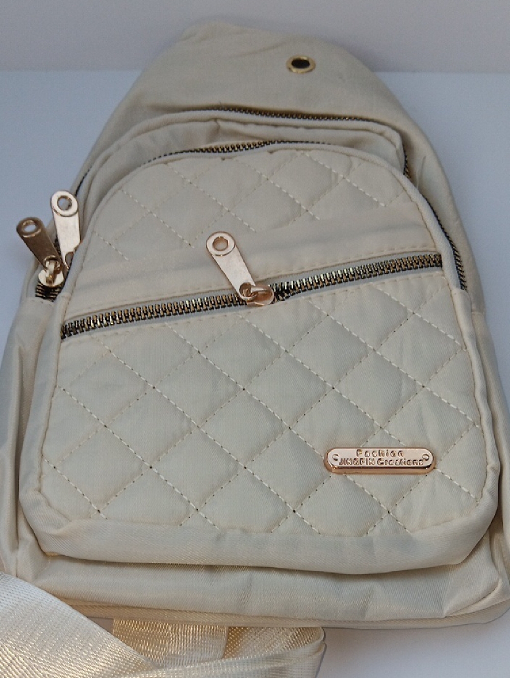 Cream Quilted Women's Crossbody Sling Bag with Gold Hardware